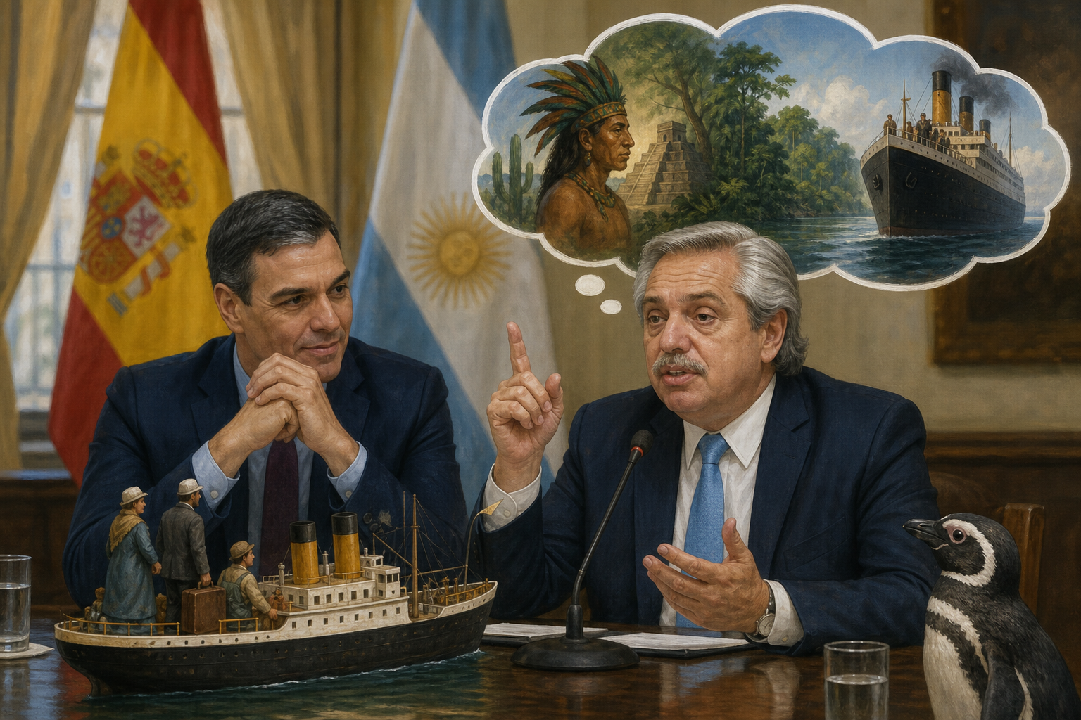 Editorial illustration for Alberto Fernández: “Los mexicanos salieron de los indios, los brasileños salieron de la selva, pero nosotros, los argentinos, llegamos en los barcos de Europa”