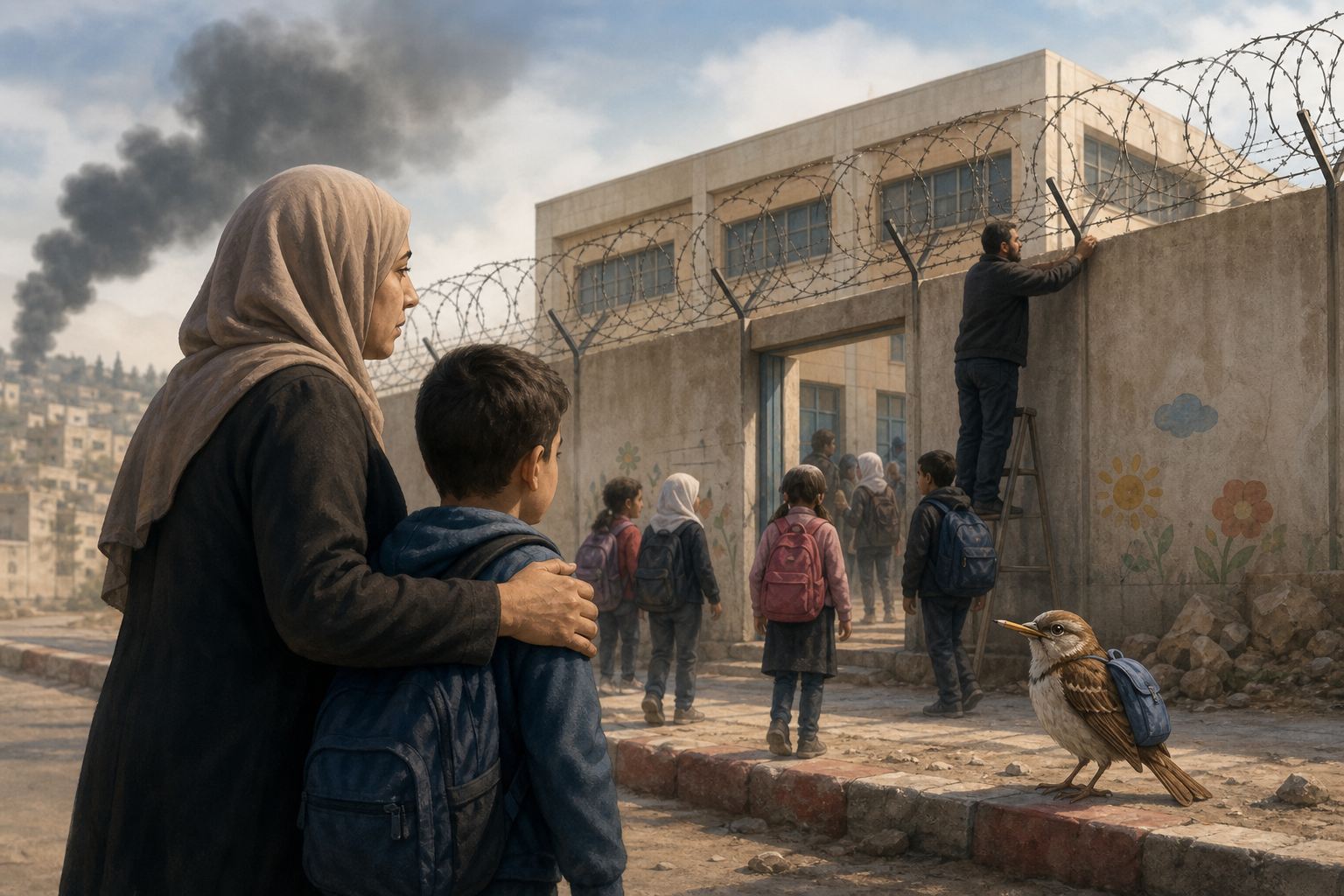 Editorial illustration for Padres palestinos expresan temor por el aumento de ataques contra escuelas en Cisjordania